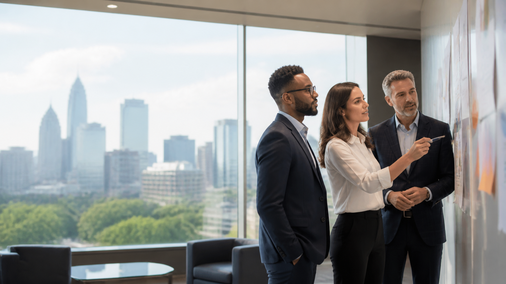 Consulting team reviewing plans in a bright workspace
